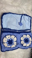 Load image into Gallery viewer, Crochet African Flower Book Cover Pouch | Blue & White Floral Book Sleeve | Reader Gift | Handmade Book Protector - Mariposa Rainbow Boutique