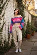 Load image into Gallery viewer, Handmade Crochet Mesh Bolero – Trans Crochet Shrug | Festival Top | Pride Crochet Sweater