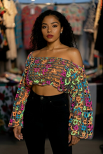 Load image into Gallery viewer, Handmade Neon Crochet Mesh Bolero – Black Multicolor Crochet Shrug | Festival Top | Pride Crochet Sweater | Boho Crochet Clothing