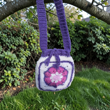 Load image into Gallery viewer, Granny Square Crochet Drawstring Bag – Handmade Boho Crochet Crossbody Purse in Pink, Purple & White