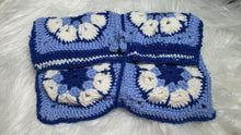 Load image into Gallery viewer, Crochet African Flower Book Cover Pouch | Blue &amp; White Floral Book Sleeve | Reader Gift | Handmade Book Protector - Mariposa Rainbow Boutique
