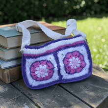Load image into Gallery viewer, Granny Square Crochet Crossbody Bag – Handmade Floral Crochet Purse in Pink, Purple &amp; White - Mariposa Rainbow Boutique
