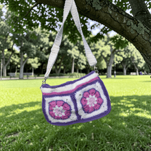 Load image into Gallery viewer, Granny Square Crochet Crossbody Bag – Handmade Floral Crochet Purse in Pink, Purple &amp; White - Mariposa Rainbow Boutique
