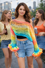Load image into Gallery viewer, Handmade Crochet Mesh Bolero – Rainbow Crochet Shrug Festival Top | Pride Crochet Sweater - Mariposa Rainbow Boutique
