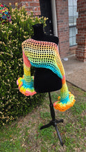 Load image into Gallery viewer, Handmade Crochet Mesh Bolero – Rainbow Crochet Shrug Festival Top | Pride Crochet Sweater - Mariposa Rainbow Boutique
