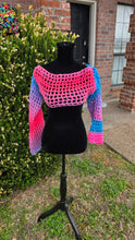 Load image into Gallery viewer, Handmade Crochet Mesh Bolero – Trans Crochet Shrug | Festival Top | Pride Crochet Sweater - Mariposa Rainbow Boutique
