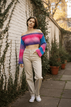 Load image into Gallery viewer, Handmade Crochet Mesh Bolero – Trans Crochet Shrug | Festival Top | Pride Crochet Sweater - Mariposa Rainbow Boutique
