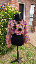 Load image into Gallery viewer, Handmade Multicolor Crochet Mesh Bolero – Chunky Sleeve Crochet Shrug | Boho Crochet Sweater | Festival &amp; Pride Clothing - Mariposa Rainbow Boutique
