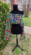 Load image into Gallery viewer, Handmade Neon Crochet Mesh Bolero – Black Multicolor Crochet Shrug | Festival Top | Pride Crochet Sweater | Boho Crochet Clothing - Mariposa Rainbow Boutique
