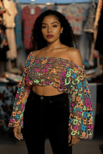 Load image into Gallery viewer, Handmade Neon Crochet Mesh Bolero – Black Multicolor Crochet Shrug | Festival Top | Pride Crochet Sweater | Boho Crochet Clothing - Mariposa Rainbow Boutique

