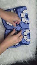 Load and play video in Gallery viewer, Crochet African Flower Book Cover Pouch | Blue &amp; White Floral Book Sleeve | Reader Gift | Handmade Book Protector
