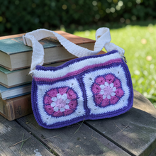 Load image into Gallery viewer, Granny Square Crochet Crossbody Bag – Handmade Floral Crochet Purse in Pink, Purple &amp; White
