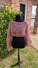 Load image into Gallery viewer, Handmade Multicolor Crochet Mesh Bolero – Chunky Sleeve Crochet Shrug | Boho Crochet Sweater | Festival &amp; Pride Clothing
