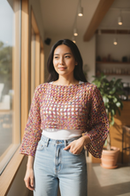 Load image into Gallery viewer, Handmade Multicolor Crochet Mesh Bolero – Chunky Sleeve Crochet Shrug | Boho Crochet Sweater | Festival &amp; Pride Clothing
